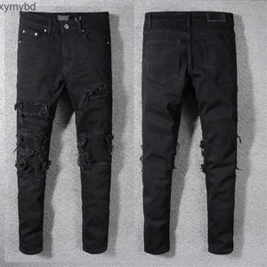 Designer Luxury Mens Jeans Marca lavada Design preto calças de jeans de perna fita