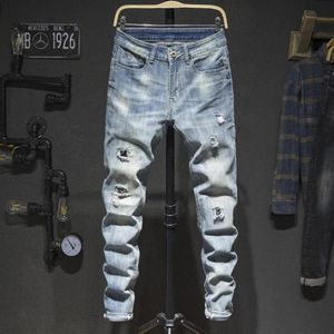 Mens Jeans Holes Frayed Hiphop Ripped Blue Stretch Slim Leg Streetwear Ejressed Moto Biker Jeans Male Denim Pants266o