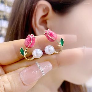 Orecchini per stalloni squisiti orecchini perle di tulipano per donne tendenza coreana elegante fiore rosa ragazza per feste di gioielleria