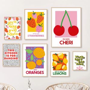 Cherry Lemon Orange Strawberry Abstract Fruit Canvas Painting Wall Art Nordic Colorful Cartoon Posters Prints Wall Pictures For Living Room Dining Room Decor Wo6