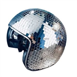 Silver Ball Helmet Party Decor Glitter Glass Disco Ball Cap Disco Ball Helmet With Retractable Visor Halloween Hat Stage Props HKD230823