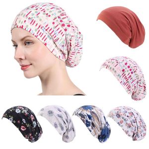 Frauen Satin ausgekleidete Schlafkappe Feste Farbe Blumendruck Haarausfall Chemo Headwraße Elastizität breites Band Slouchy Mütze Slap Hat182d