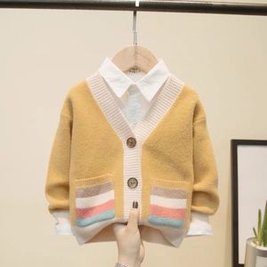 Pullover Korean Fashion Spring Autumn Boys Pocket Sweaters Coat Kids Boy Open Stitch tröja Jacka Barn Stickade kläder A44 230823