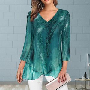 Women's Blouses Women Top Stylish V Neck Print Trendy Three Quarter Sleeve Asymmetric Hem Soft Pullover For A Chic Fall/spring Look