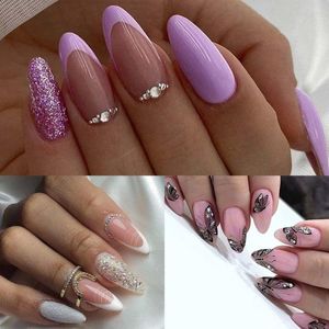 False Nails Manicure francesa Long Almond Butterfly Pressione em linhas brancas roxas destacáveis ​​nials falsos diy