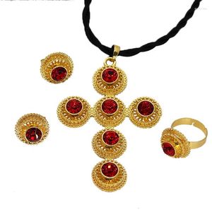 Necklace Earrings Set Ethiopia Jewelry Saudi Arabia Gold Plated Sets For Women Crosses African Pendant Rings Habesha Bridal Party Gift