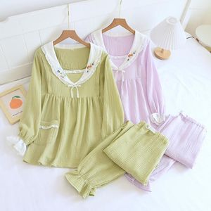 Women's Sleepwear Spring Nursing Pajamas Thin Gauze Embroidery Clothes Cotton Crepe Dual-purpose Maternity Breastfeeding