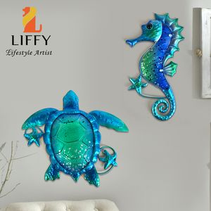 Dekorativa föremål Figurer Metal Blue Sea Turtle Seahorse With Glass Wall Art For Home Dekorativa föremål Skulptur Staty av vardagsrum Badrum Pool 230823