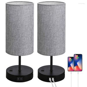 Table Lamps Bedroom Bedside Lamp Black USB Charging C Port And AC Power Socket Wooden Base Round Linen Fabric Lampshade Living Desk LED