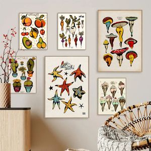 Paintings Sexy Mushroom Cactass Carrots Booty Canvas Prints and Poster Tattoo Flash Painting Wall Picture for Bathroom Toilet Room Decor 230823