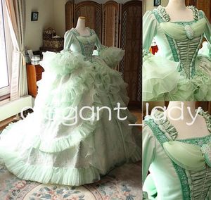 Mint Green Marie Antoinette Victorian Fairy Prom Dresses Ruffles Long Sleeve Belle rococo Bustle Corset princess Evening Gown