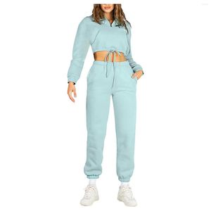 Kvinnors tvådelar Pants Winter Hood Tracksuit Sweatsuit Set Solid Color Crop Top Joggers Pullover Hoodies and Sweat Pant Sets