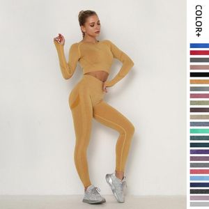 Pantaloni da donna a due pezzi pieghettate senza cuciture senza cuciture a manica lunga abiti da yoga in vita elastico set di chicchi di fitness secco rapido