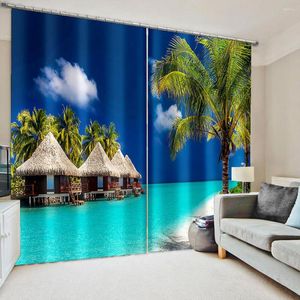 Cortina Plantas tropicais 3D Plantas tropicais folhas de bananeira arenosa paisagem natural azul 2 peças Janela de sombreamento para decoração do quarto da sala