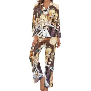 Kvinnors sömnkläder Genshin Impact Pyjamas Womens Anime Print Fashion Spring Long Sleepes 2 Piece Sleep V Neck Printed Pyjama Set