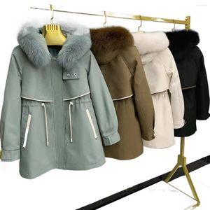 Parkas casuais de peles femininas para mulheres 2023 Winter a meio-laço de casaco com capuz de capuz Removível Rex Liner Zip Slave Long Warm Jackets
