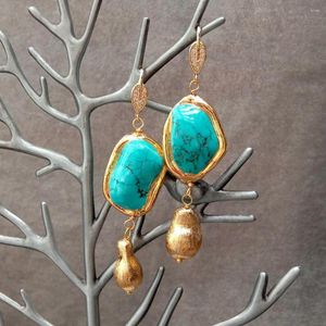 Dangle Earrings KKGEM Romantic Hook Office Style For Women Blue Turquoise Nugget Shape Gold Plated Brushed Bead