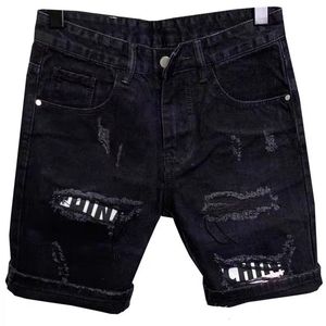 Männer Loch Patch Koreanische Dünne Kurze Shorts Füße Schwarz Denim Jeans für Männer Cowboy Teenager Designer Hosen 230824