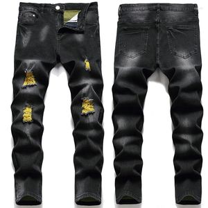 Calças de brim masculinas buraco artesanato mensmicro-elástico magro pequeno pé moda explosivo estilo denim design calças de alta qualidade