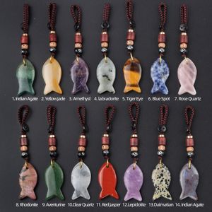 Natural Stone Carved Fish Shape Charms Key Rings Pendant Amethyst Opal Rose Quartz Keychain Car Bag Creative Knitting Rope