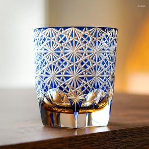 نظارات النبيذ Jinyoujia-Japanese Edo Kiriko Blue Daisy شرب الزجاج يدوي قطع الكريستال ويسكي الفودكا مستوى مجموعة مجموعة