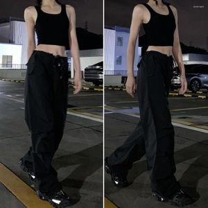 Active Pants Solid Color Stylish Women's Cargo Low Midje Drawstring Elastic Wide Leg för hiphop streetwear casual a