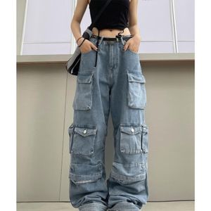 Denim Multi Pocket Jeans for Women: Relaxed Fit, Streetwear Style, Oversized Cargo Trousers, Baggy Vertical Tube Pants