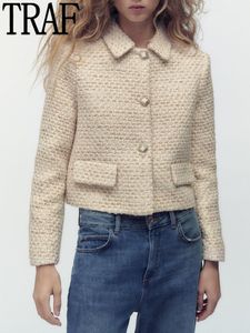 レディースジャケットTraf Plaid Cropped Blazer Woman Short Tweed Jacket Lady Long Sleeve Office for Women Elegant Winter Coat 230824