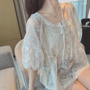 Women's Blouses Lace Embroidered Baby Summer Shirt Top Bubble Sleeves Foreign Korean Version Chiffon Loose Short Sleeve Blouse Women