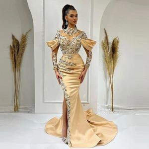 Champagne Dubai Evening 2023 Beads Crystals Rhinestones Long Sleeves Muslim Prom Dresses