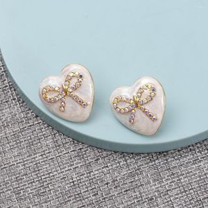 Stud Earrings Vintage Oil Drop Heart For Women Aesthetic Zinc Alloy Inlaid Rhinestone Bowknot Trending Products Girls Jewelry