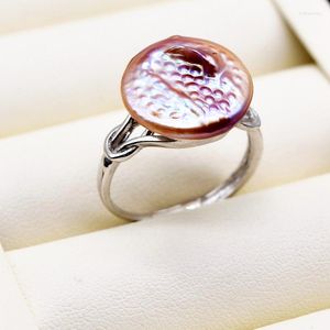 Klusterringar barock mynt ring naturligt sötvatten pärla 17mm vit lila platt silver justerbar sköld kvinnor