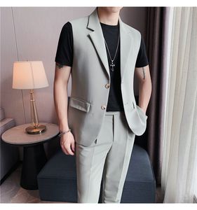 Herrspårar Twopiece ärmlös jacka beskurna byxor Summer kostym Vest Casual Slim Fit Waistcoat för bröllop eller fest 230823