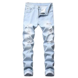 Herren Jeans Herren leichte Farbe Slim Fit Hole High Street Blau Nicht-Elastizität Casual Fashion Urbetwear2453