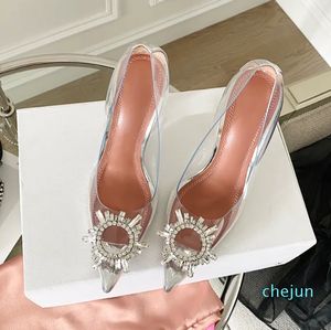 Top quality Womens Dress Shoes fashion Transparent sunflower Rhinestone buckle Crystal heel pumps designer sexy pointed toes