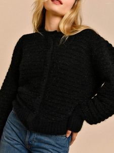 Women's Knits Women Black Knit Sweater Lurex O-neck Single Breasted 2023 Early Spring Vintage Ladies Cardigan