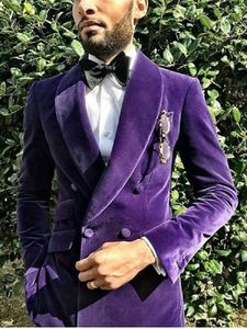 Men's Suits Velvet Suit 2 Pieces Blazer Pants Double Breasted Sheer Lapel Business Purple Formal Wedding Groom Tailored Costume Homme