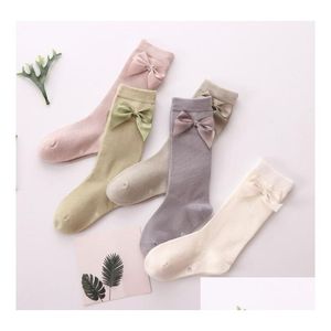 Kids Socks Spring Girls Ribbon Bows Princess Children Cotton Knitted 3/4 Knee High Sock Leg Fit 1-8T F3173 Drop Delivery Baby Maternit Dh14M