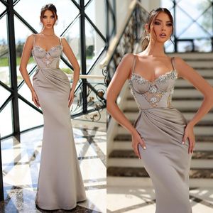 Grey Mermaid Prom Dresses Straps Evening Dress Beading Flower Pleats Formal Long Special Occasion Party dress