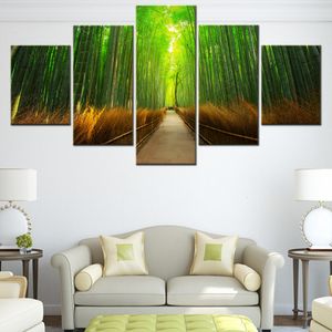 Obrazy 5 paneli płócienne plakat przyrody Bambus leśny tapety domowe dekoracje domowe obraz sypialnia malowanie ściany wnętrza dzieła sztuki drukowane 230823
