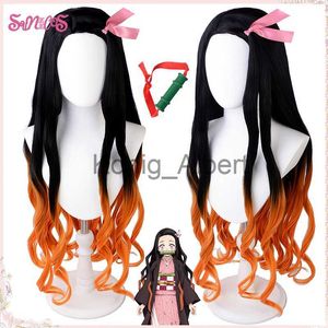 Synthetic Wigs Demon Slayer Kamado Nezuko Cosplay wigs Bamboo long Curly dyeing Hair Heat Resistant Synthetic Halloween Costume Free Wig Cap x0824