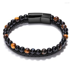 Strand Men's Genuine Leather Bracelet Natural Tiger Eye Volcanic Stone Beaded Bangle Black Stainless Steel Magnetic Buckle Jewelry Gift