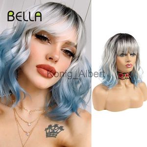 Synthetic Wigs Bella Bob Wig Short Synthetic Wig 12Inch Omber Blue Hair Curly Bob Wig Heat Resistant Wig With Bangs Cosplay Wig for Black Women x0824