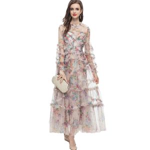 Women's Runway Dresses O Neck Long Sleeves Printed Ruffles Tiered Fashion Designer Maxi Vestidos Party Prom Gown