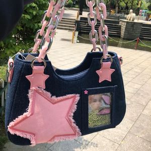 Akşam çantaları pembe tatlı sevimli vintage bayanlar omuz çantaları moda yıldız y2k denim kadın koltuklu çanta gotik zincir kadın tote çanta 230824