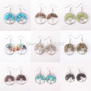 Tree of Life Wire Wrapped Tumbled Stone Pärlor Rund Dingle Drop Hook Earrings 1Pair1234M