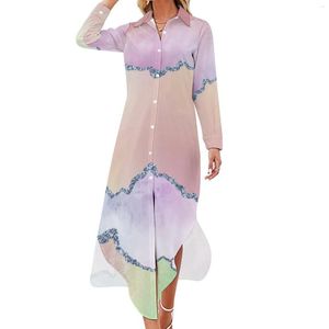 Casual Dresses Watercolor Dress Peach Agate Print Street Fashion Long Sleeve Elegant V Neck Graphic Oversize Chiffon