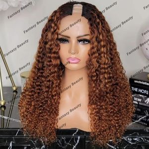 Kinky Curly Ombre Golden Brown Afo Black Women Human Hair Wigs 1x4 U Shaped/V Part Opening Glueless Adjustable Wigs Full End