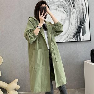 Casaco de trincheira feminina plus size xl capuz windbreaker bolsões sólidos botão de capa de chuva leve sobretudo big205e