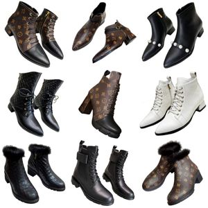 Boots classic women's ankle boots luxury letter half boots old flower martin boots genuine leather chunky heel fashion boots lace up side zipper knight boots